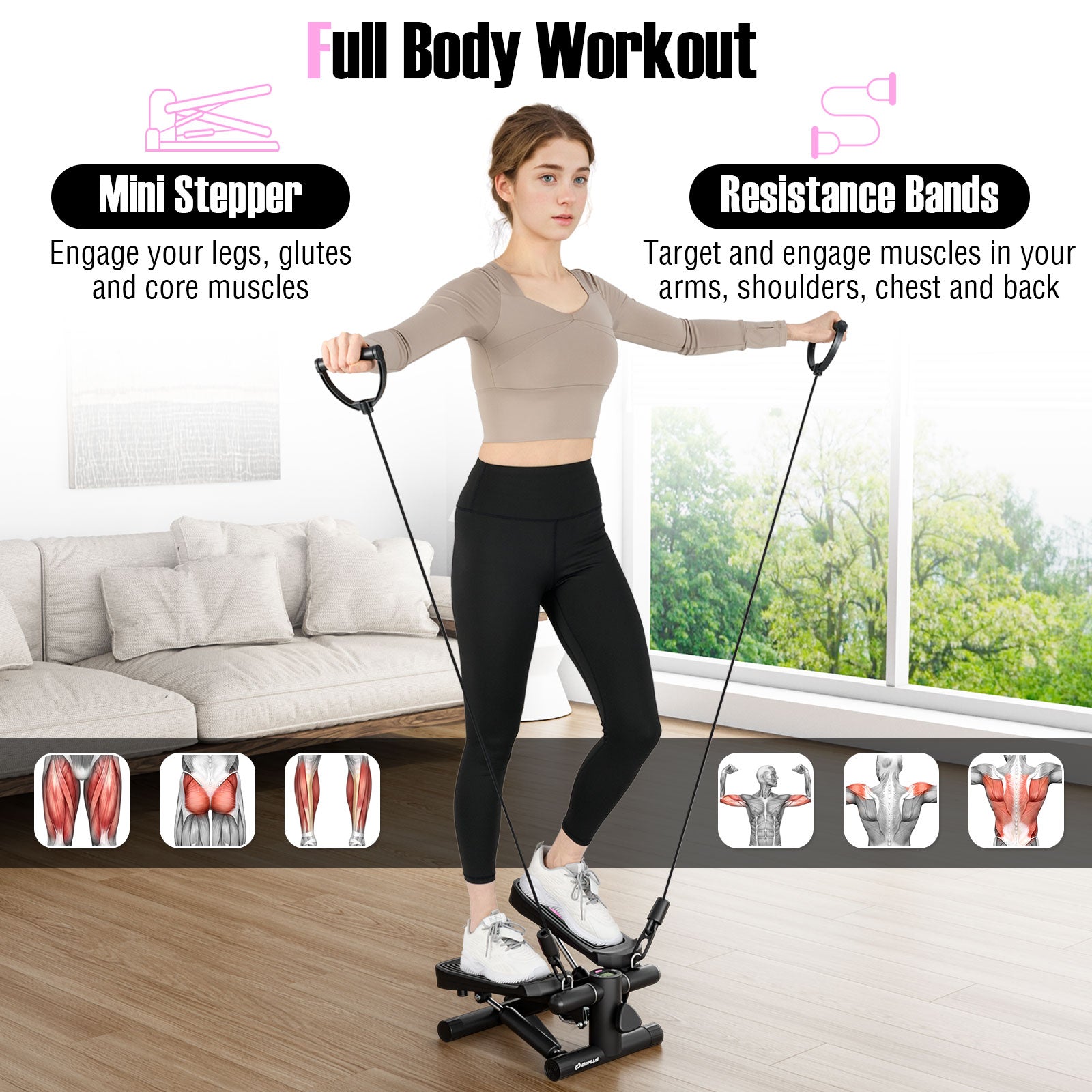 Mini Stepper with Resistance Bands and Adjustable Height for Exercise at Home-Black