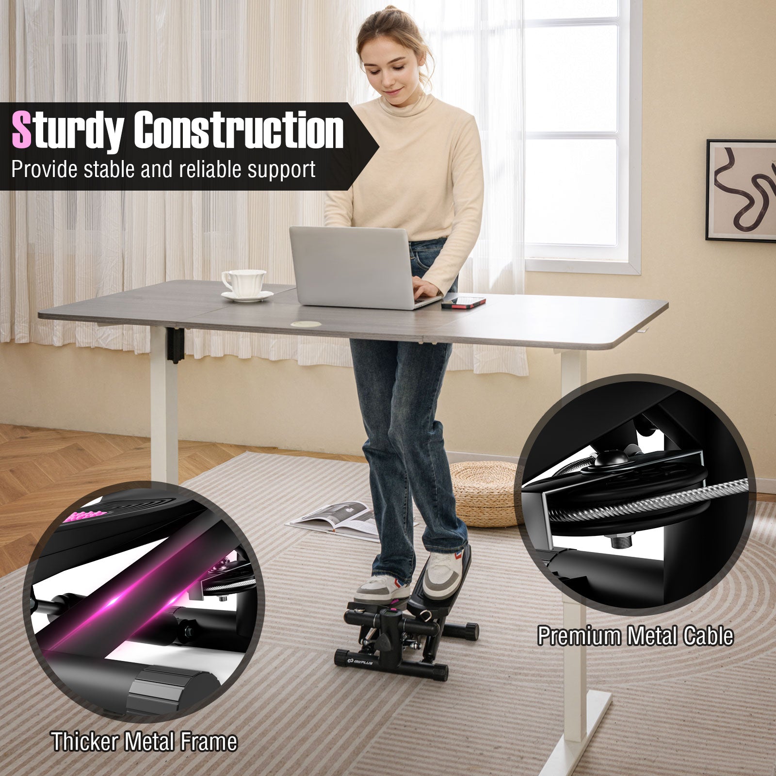 Mini Stepper with Resistance Bands and Adjustable Height for Exercise at Home-Black