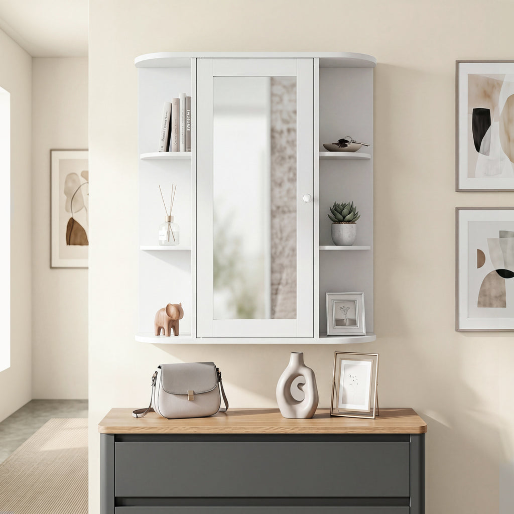 Mirrored Bathroom Medicine Cabinet with Single Mirror Door and Adjustable Shelf-White