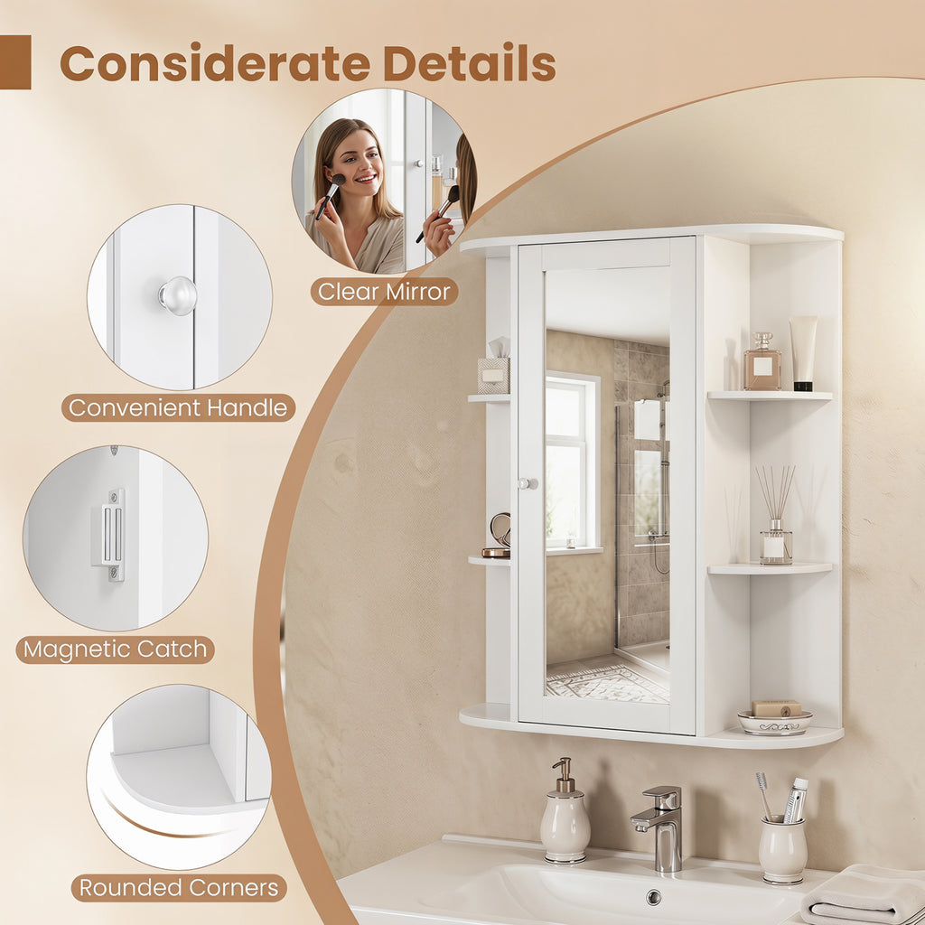 Mirrored Bathroom Medicine Cabinet with Single Mirror Door and Adjustable Shelf-White