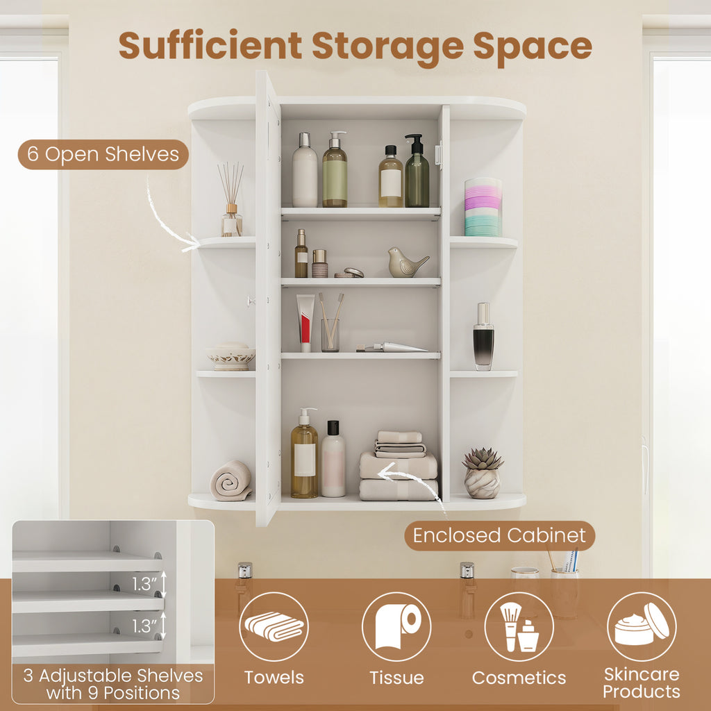 Mirrored Bathroom Medicine Cabinet with Single Mirror Door and Adjustable Shelf-White