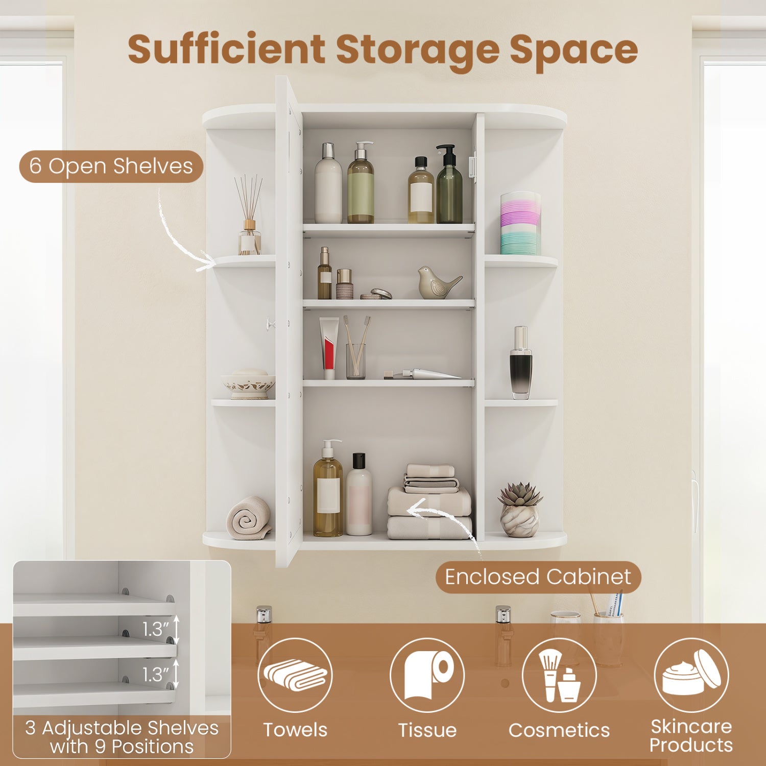 Mirrored Bathroom Medicine Cabinet with Single Mirror Door and Adjustable Shelf-White