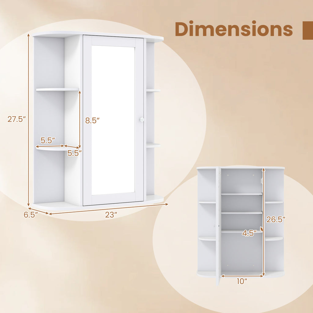 Mirrored Bathroom Medicine Cabinet with Single Mirror Door and Adjustable Shelf-White
