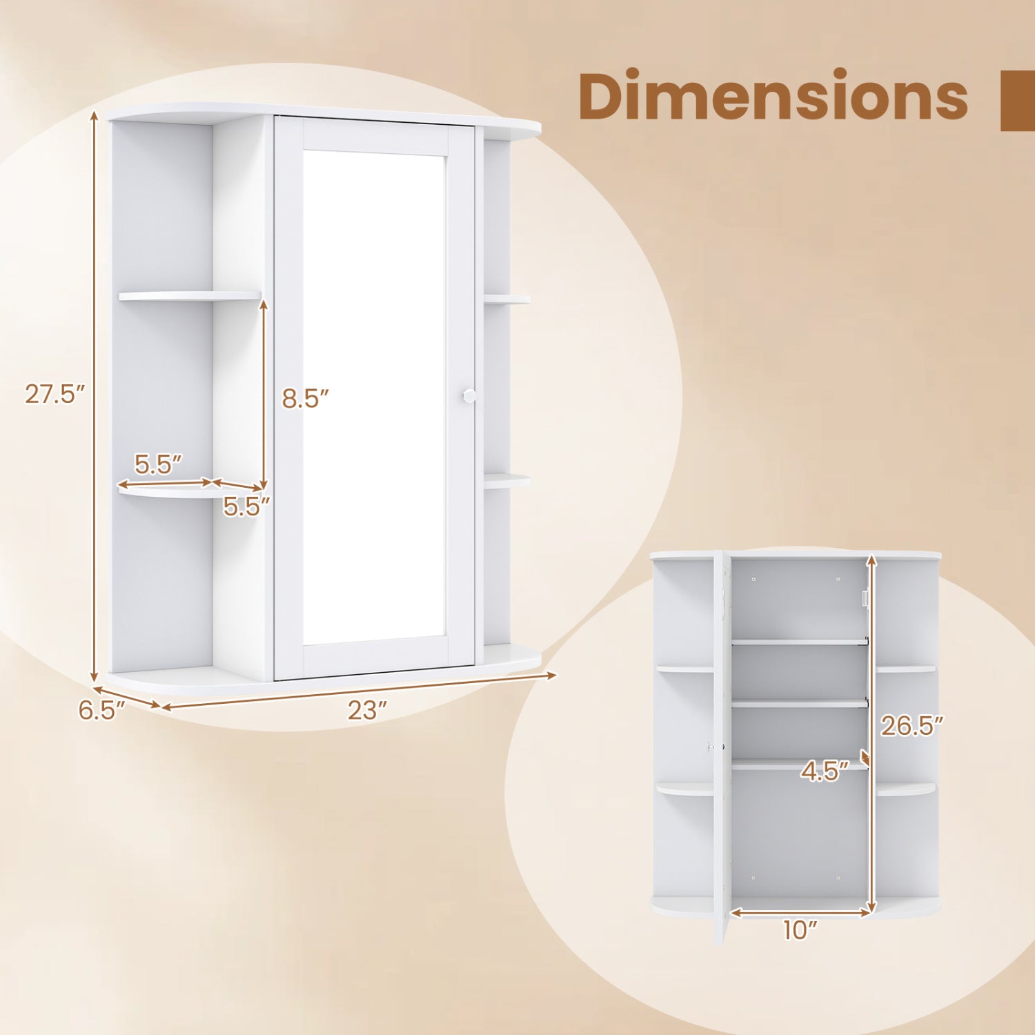 Mirrored Bathroom Medicine Cabinet with Single Mirror Door and Adjustable Shelf-White
