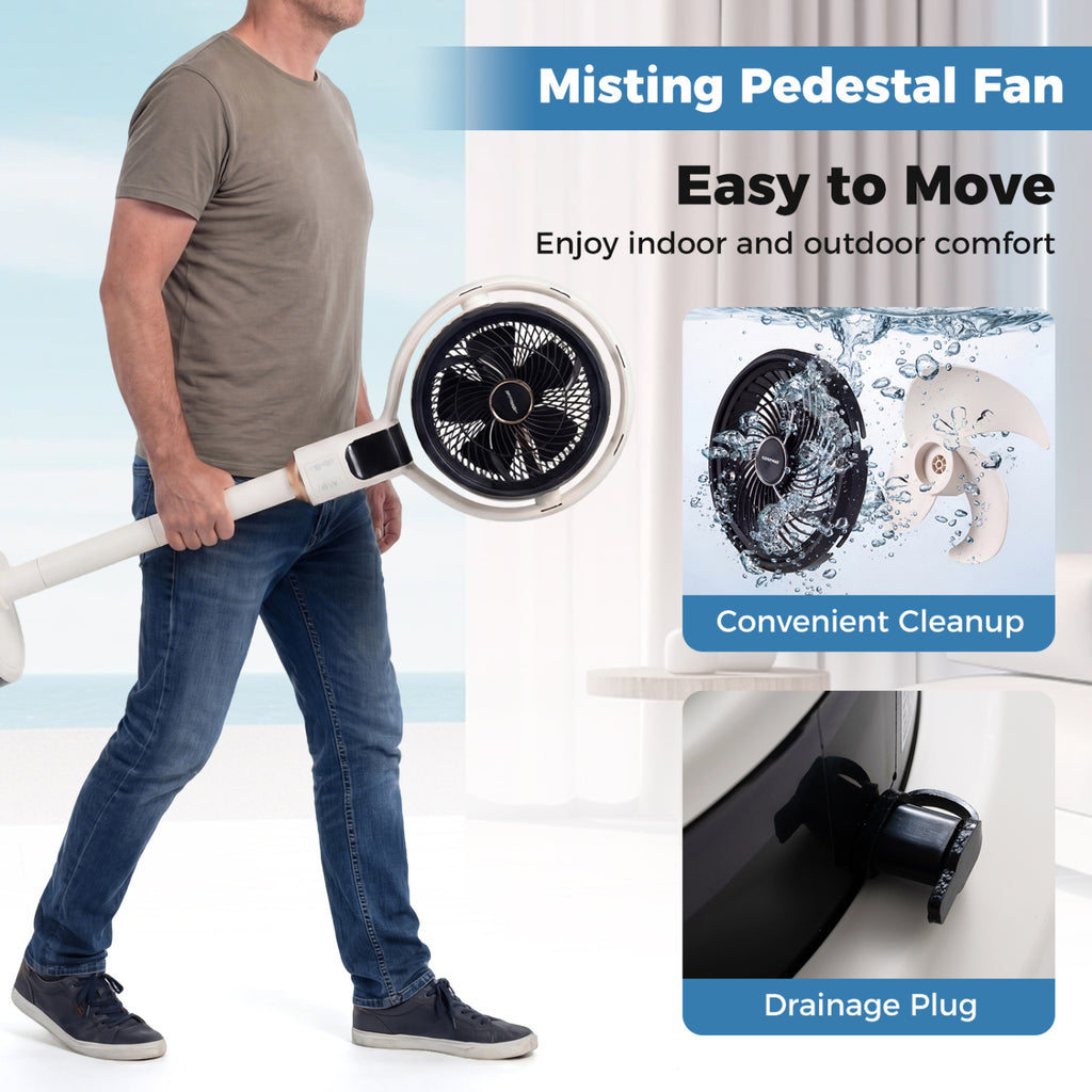 Misting Pedestal Fan Air Circulator with 90° Auto Oscillation Floor Standing Fan with 8 Speeds-White
