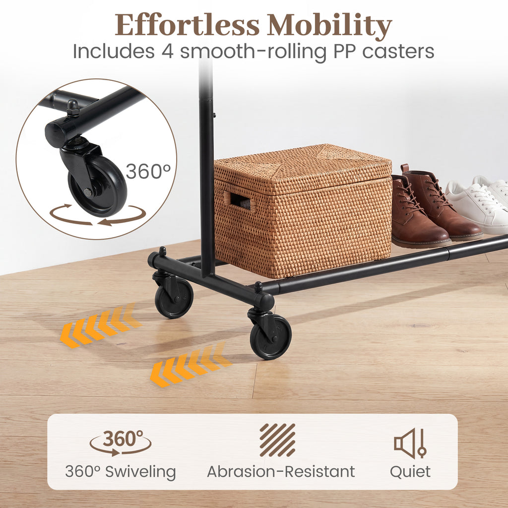Mobile Garment Rack with Extendable Rods Heavy-Duty Metal Clothes Stand on Wheels