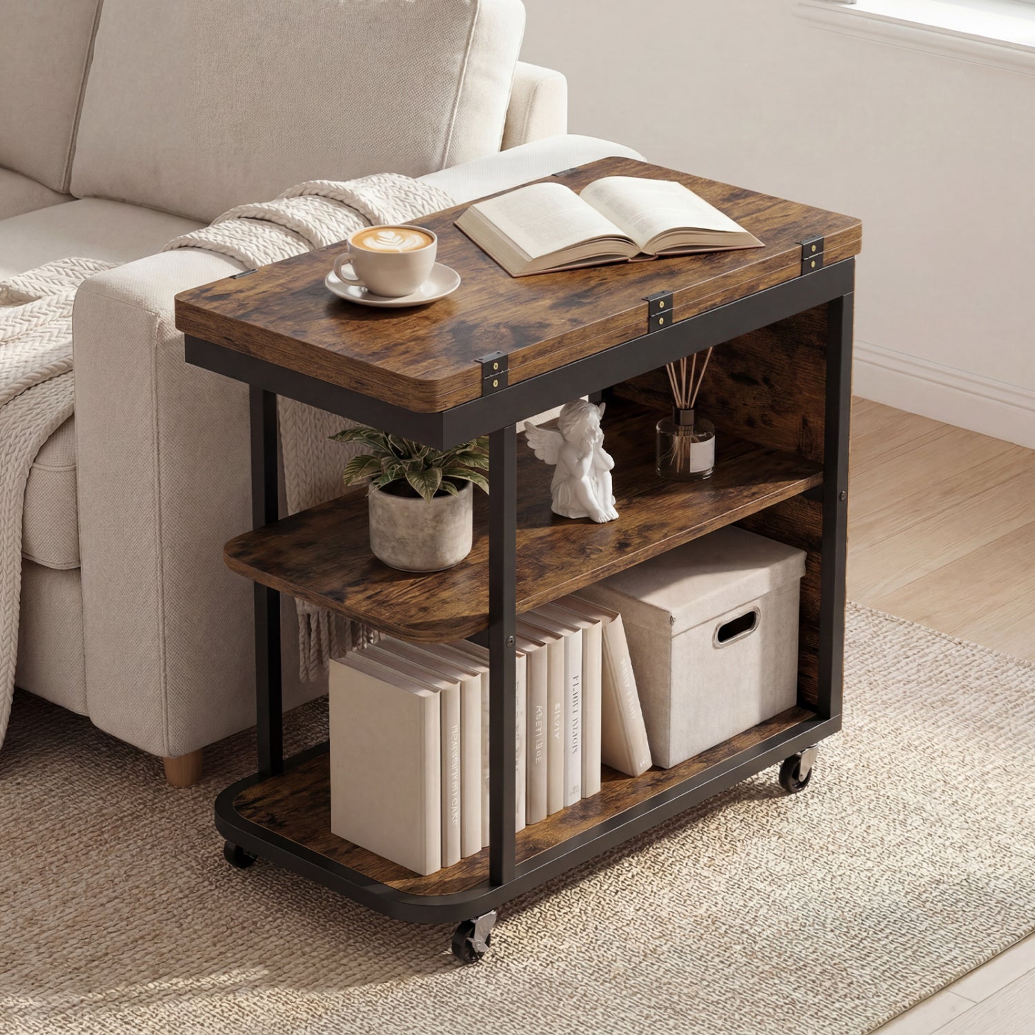 Mobile Night Stand with Foldable Swivel Top and 2-Tier Shelf for Small Spaces-Rustic Brown