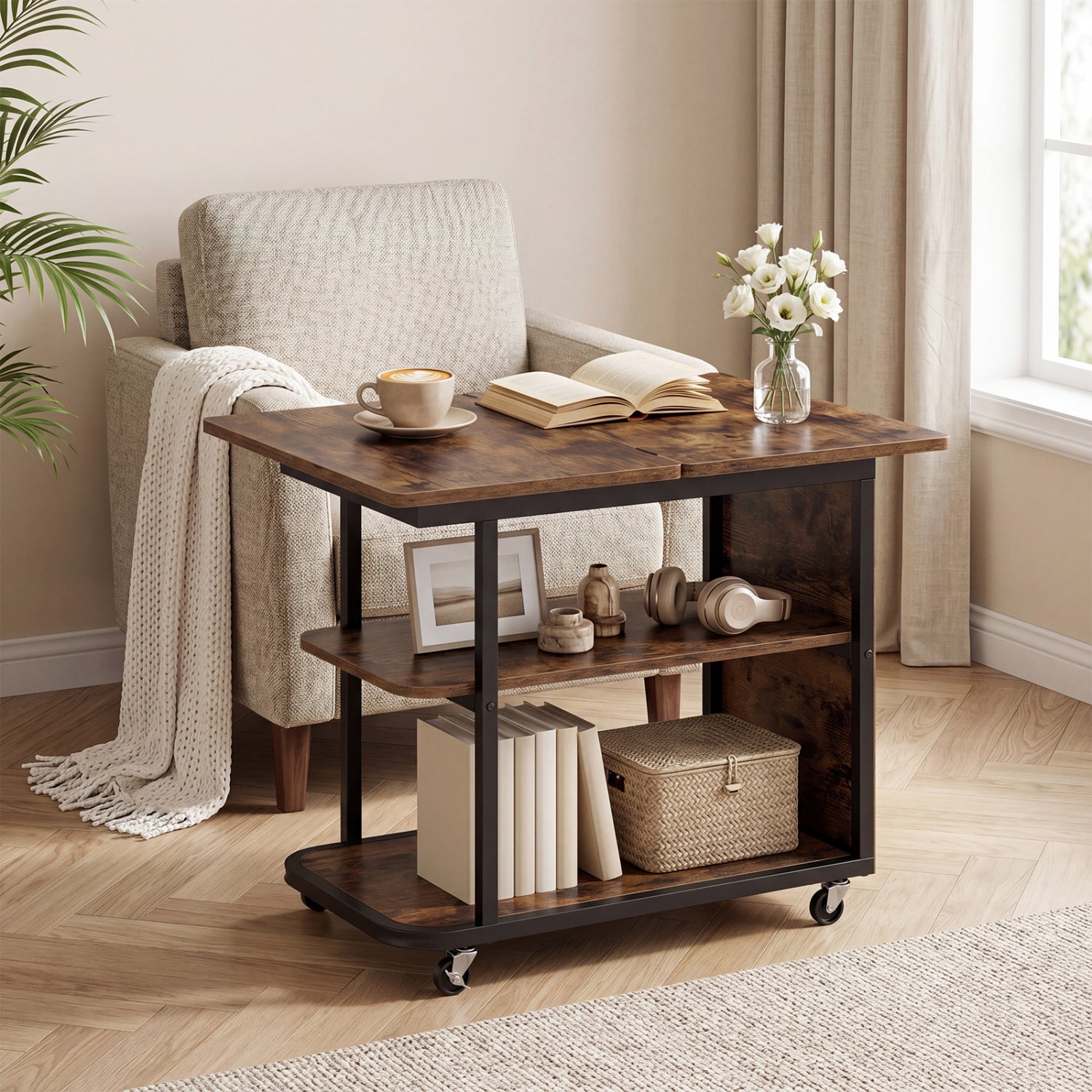 Mobile Night Stand with Foldable Swivel Top and 2-Tier Shelf for Small Spaces-Rustic Brown