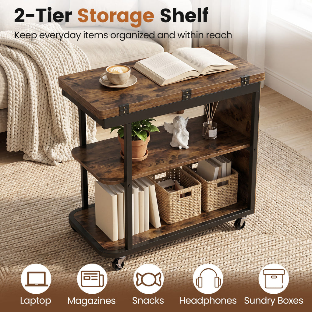 Mobile Night Stand with Foldable Swivel Top and 2-Tier Shelf for Small Spaces-Rustic Brown