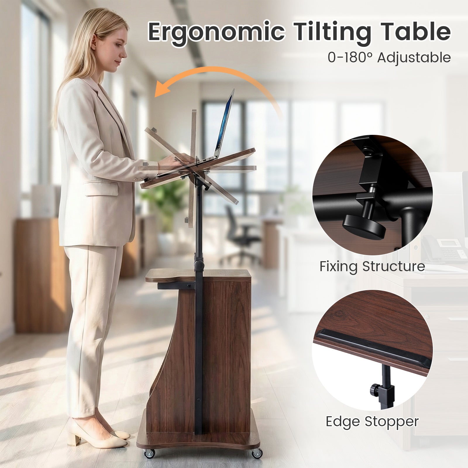 Mobile Podium Stand Height Adjustable Laptop Cart with Tilting Tabletop and Storage Compartments-Brown
