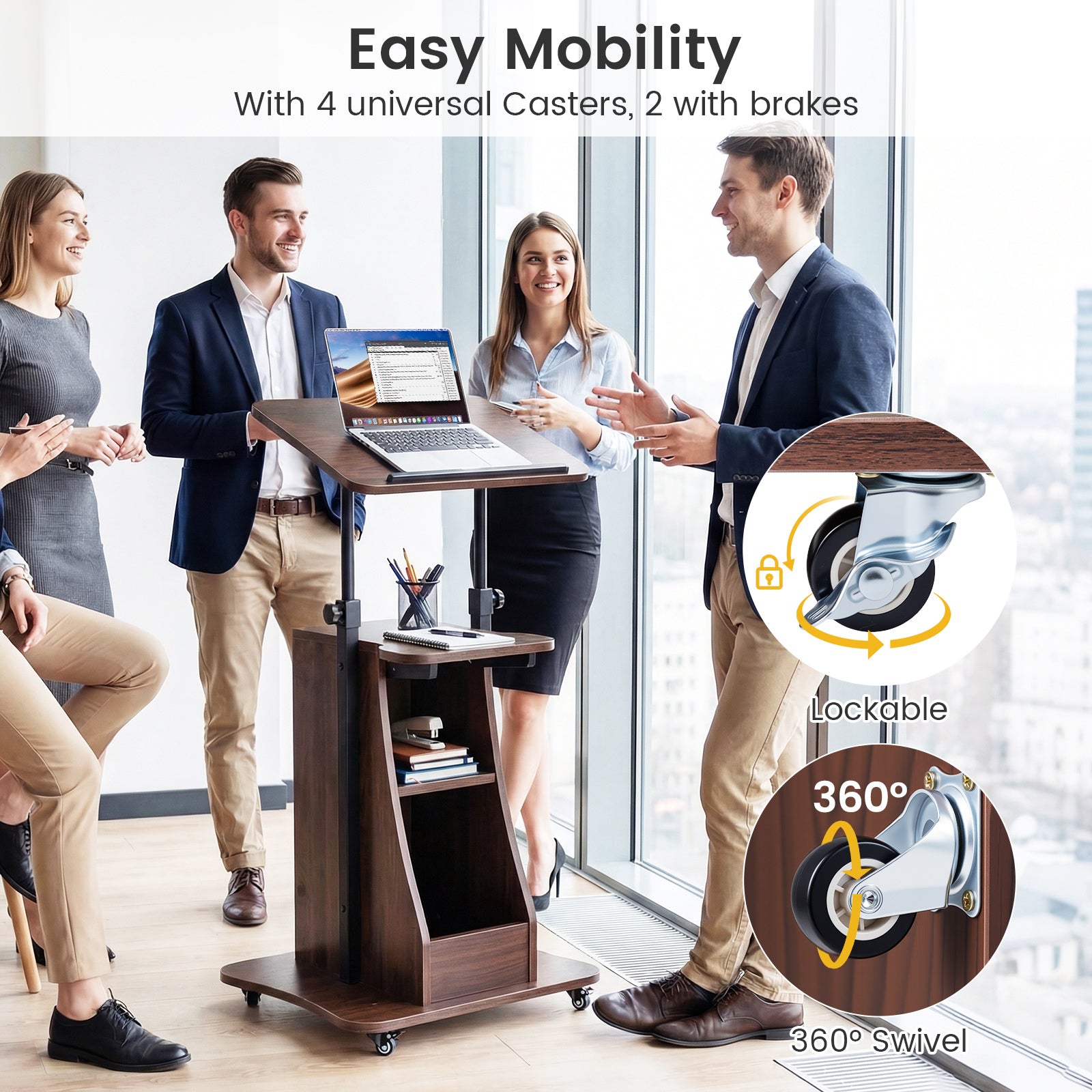 Mobile Podium Stand Height Adjustable Laptop Cart with Tilting Tabletop and Storage Compartments-Brown