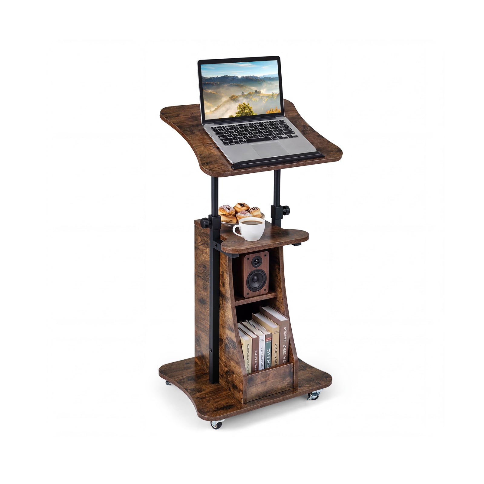 Mobile Podium Stand Height Adjustable Laptop Cart with Tilting Tabletop and Storage Compartments-Rustic Brown