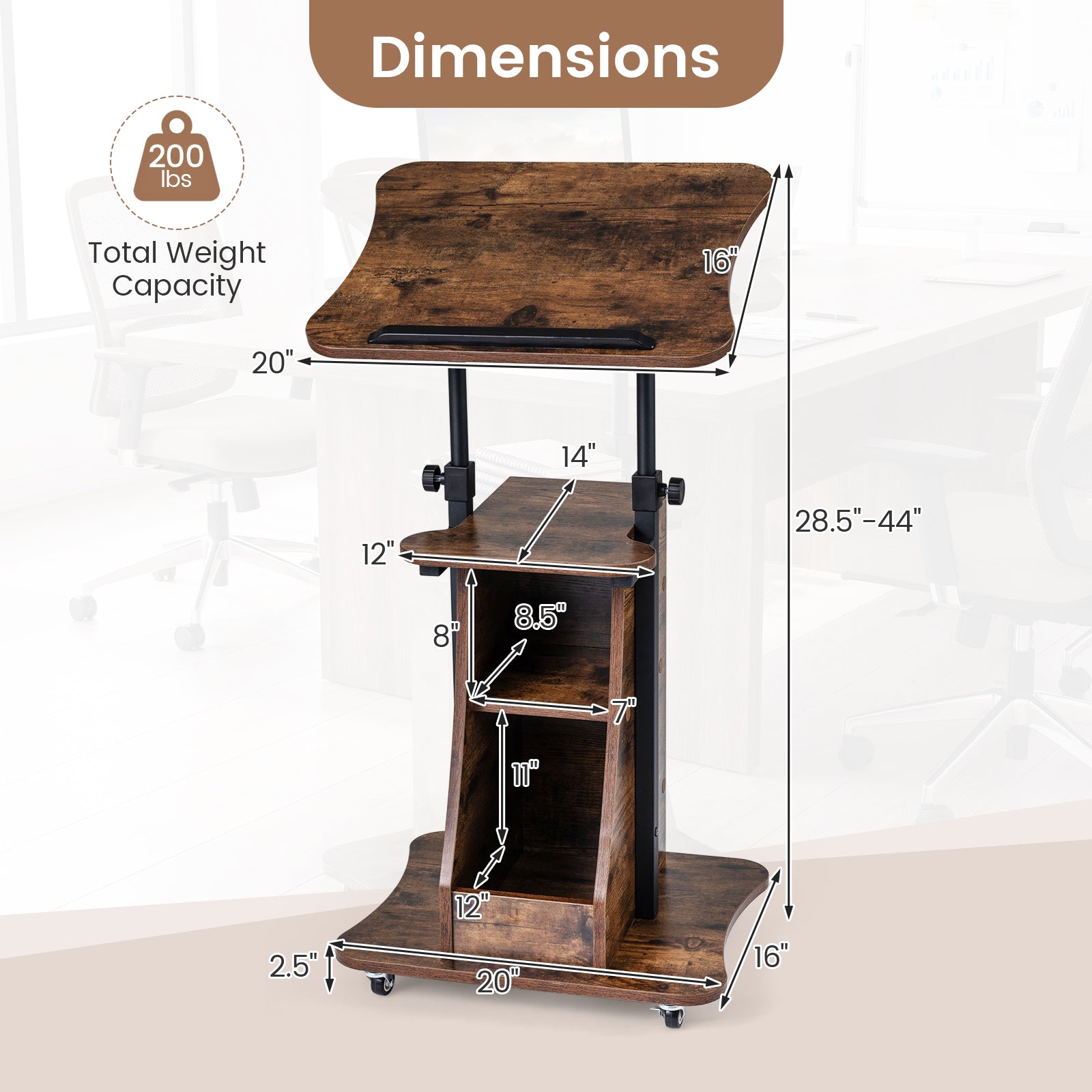 Mobile Podium Stand Height Adjustable Laptop Cart with Tilting Tabletop and Storage Compartments-Rustic Brown