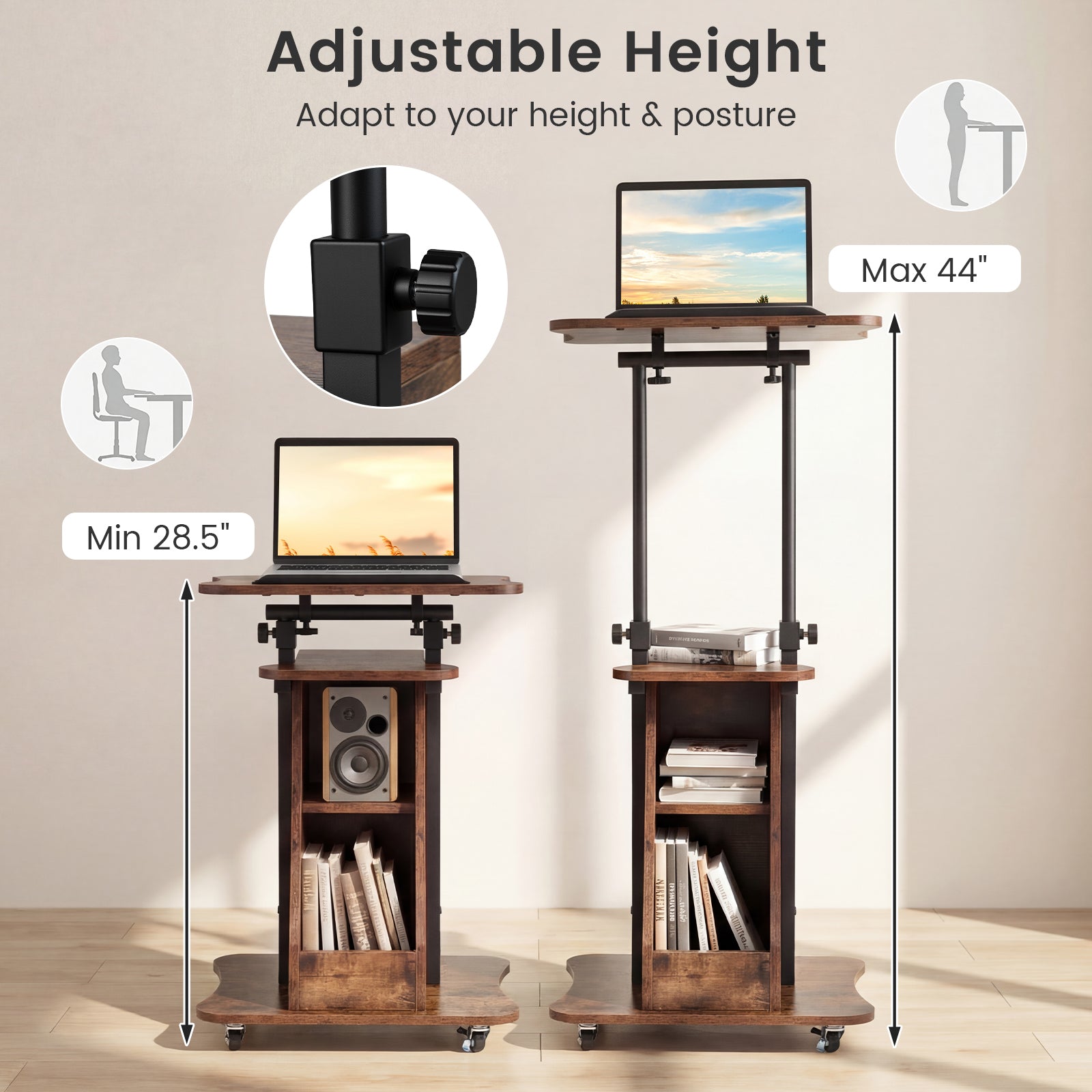 Mobile Podium Stand Height Adjustable Laptop Cart with Tilting Tabletop and Storage Compartments-Rustic Brown
