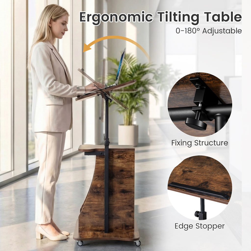 Mobile Podium Stand Height Adjustable Laptop Cart with Tilting Tabletop and Storage Compartments-Rustic Brown