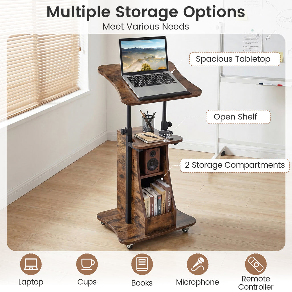 Mobile Podium Stand Height Adjustable Laptop Cart with Tilting Tabletop and Storage Compartments-Rustic Brown