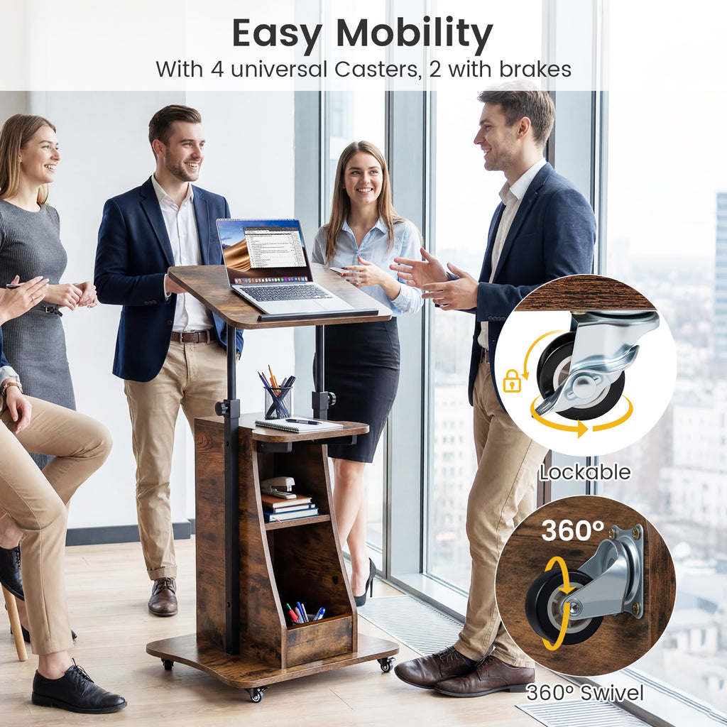 Mobile Podium Stand Height Adjustable Laptop Cart with Tilting Tabletop and Storage Compartments-Rustic Brown