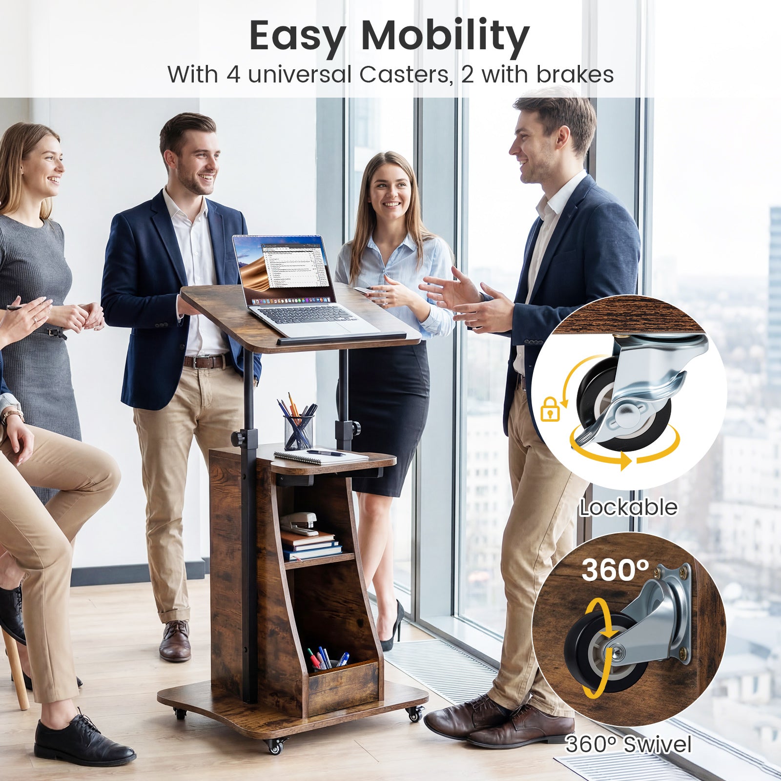 Mobile Podium Stand Height Adjustable Laptop Cart with Tilting Tabletop and Storage Compartments-Rustic Brown