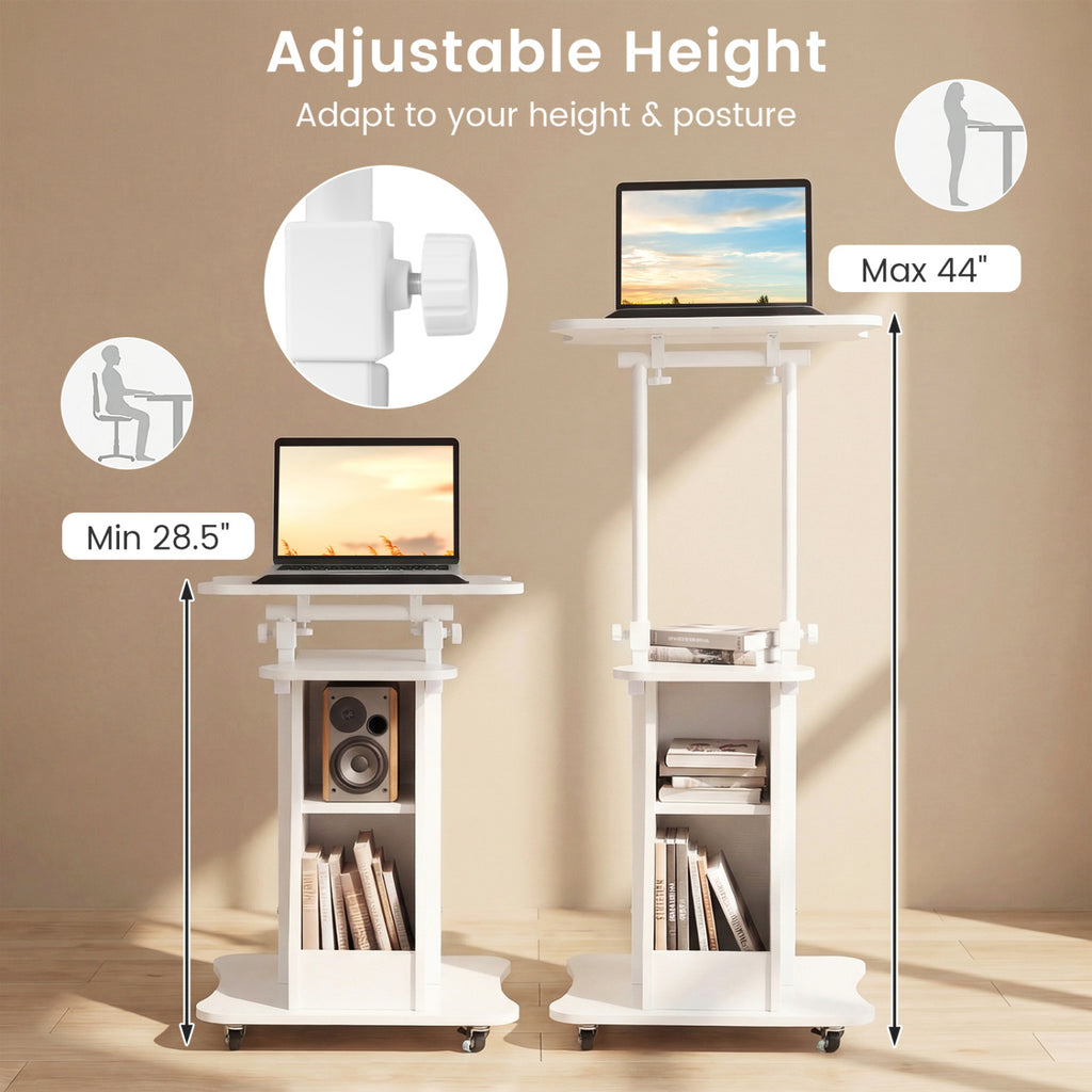 Mobile Podium Stand Height Adjustable Laptop Cart with Tilting Tabletop and Storage Compartments-White