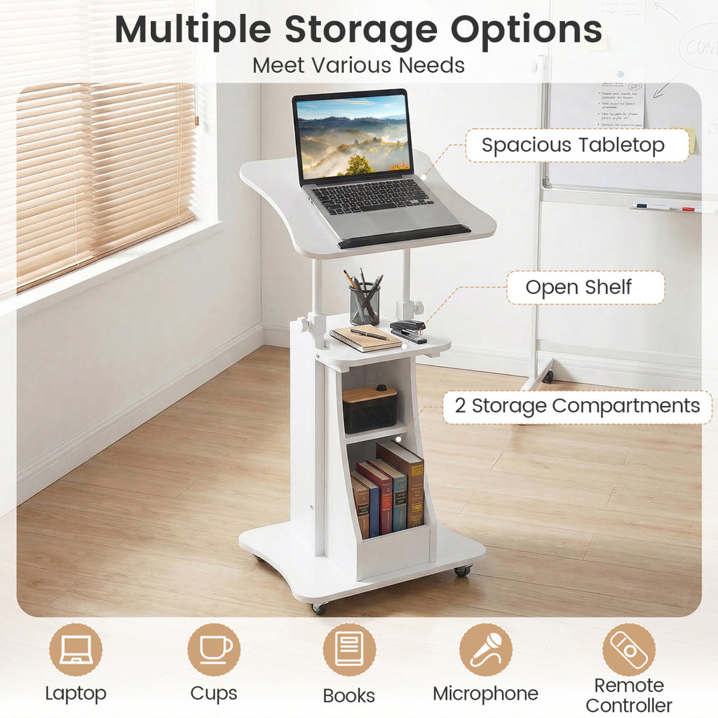 Mobile Podium Stand Height Adjustable Laptop Cart with Tilting Tabletop and Storage Compartments-White