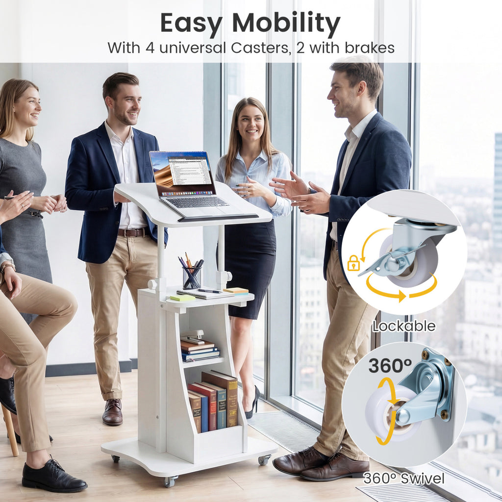Mobile Podium Stand Height Adjustable Laptop Cart with Tilting Tabletop and Storage Compartments-White