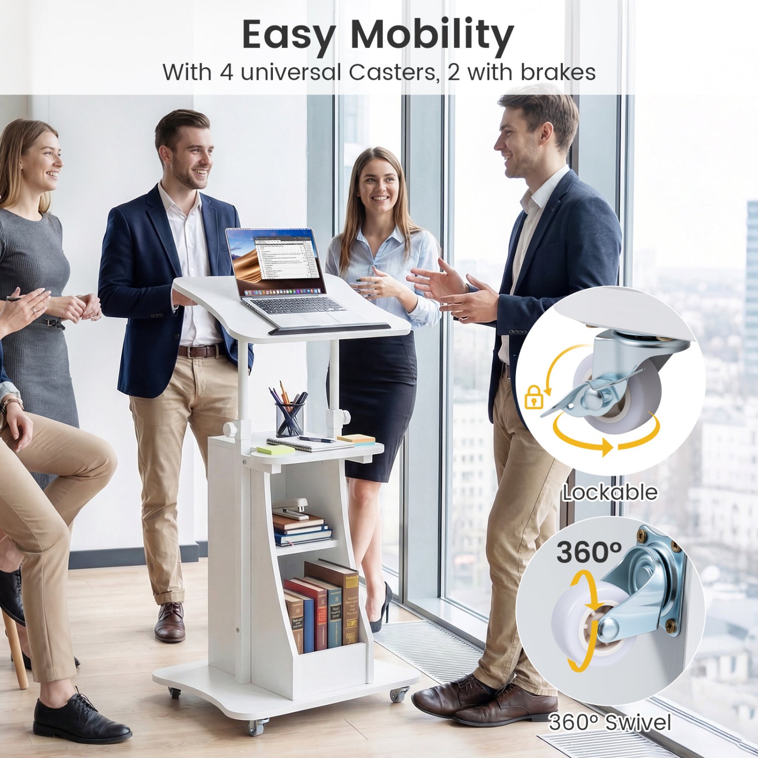 Mobile Podium Stand Height Adjustable Laptop Cart with Tilting Tabletop and Storage Compartments-White