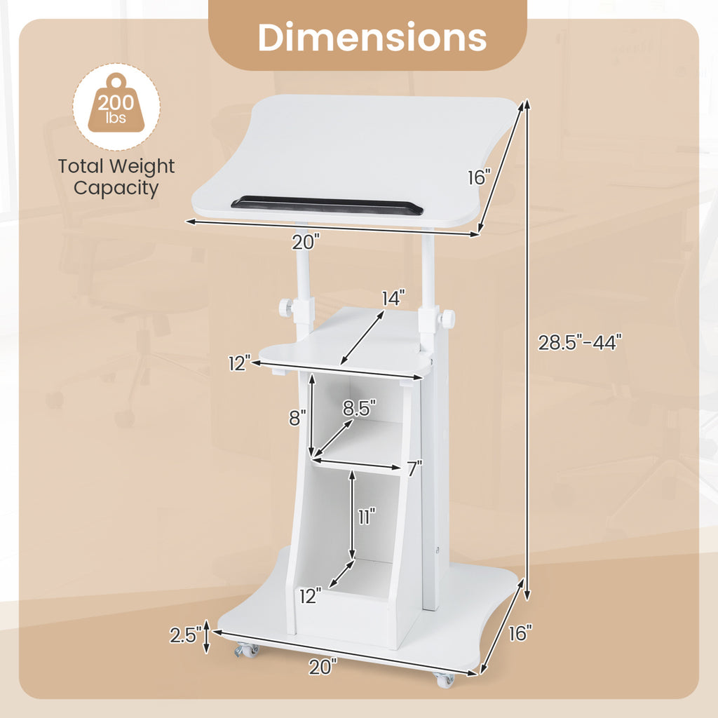 Mobile Podium Stand Height Adjustable Laptop Cart with Tilting Tabletop and Storage Compartments-White