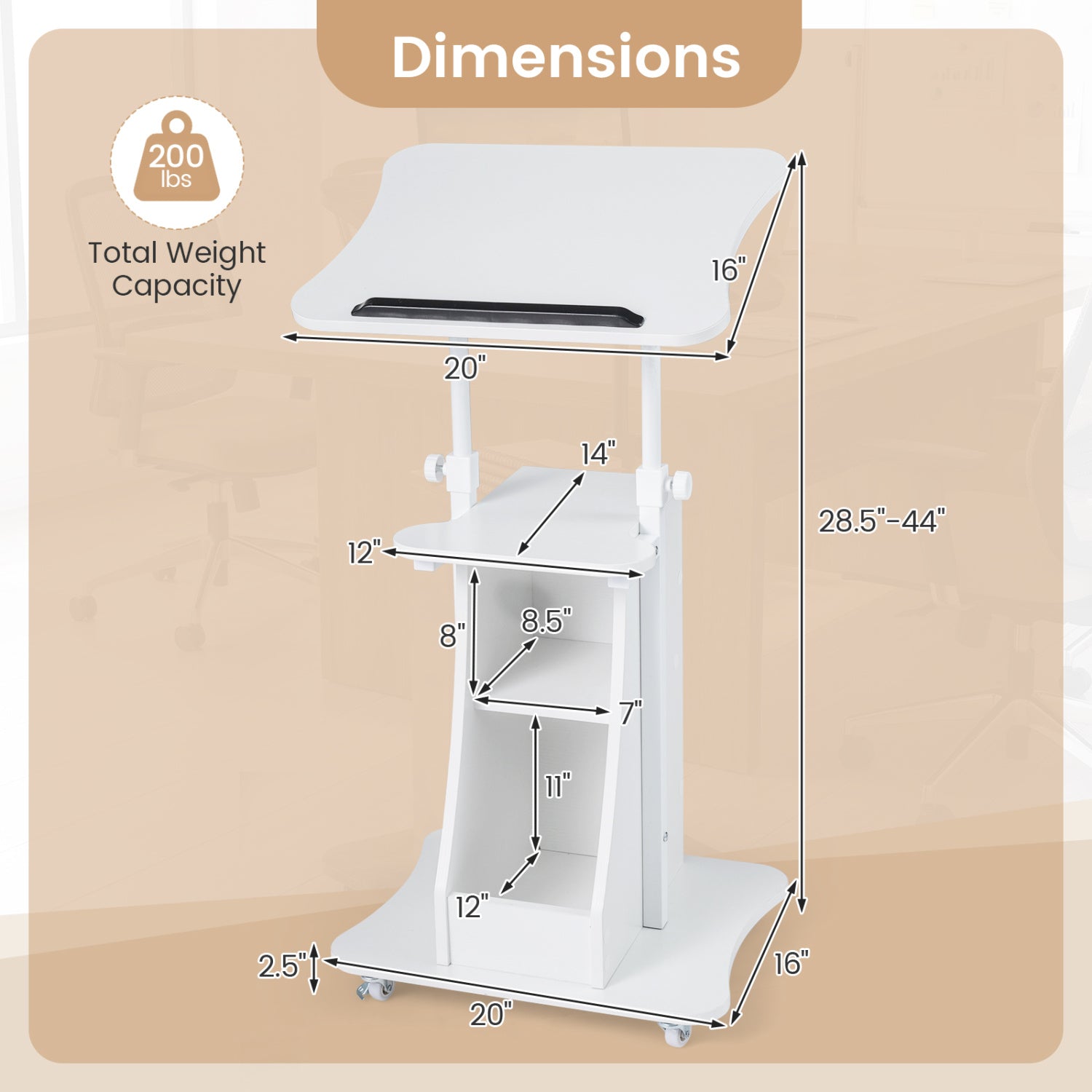 Mobile Podium Stand Height Adjustable Laptop Cart with Tilting Tabletop and Storage Compartments-White