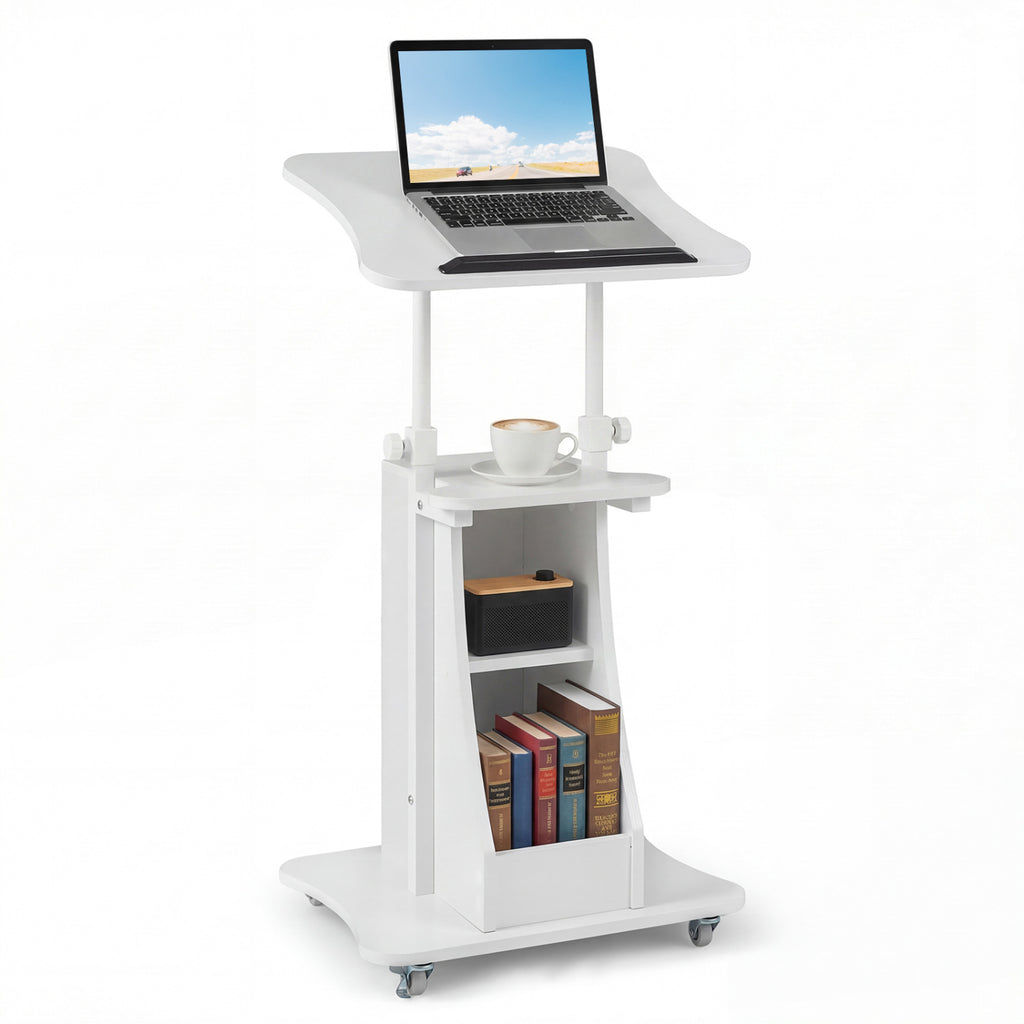 Mobile Podium Stand Height Adjustable Laptop Cart with Tilting Tabletop and Storage Compartments-White
