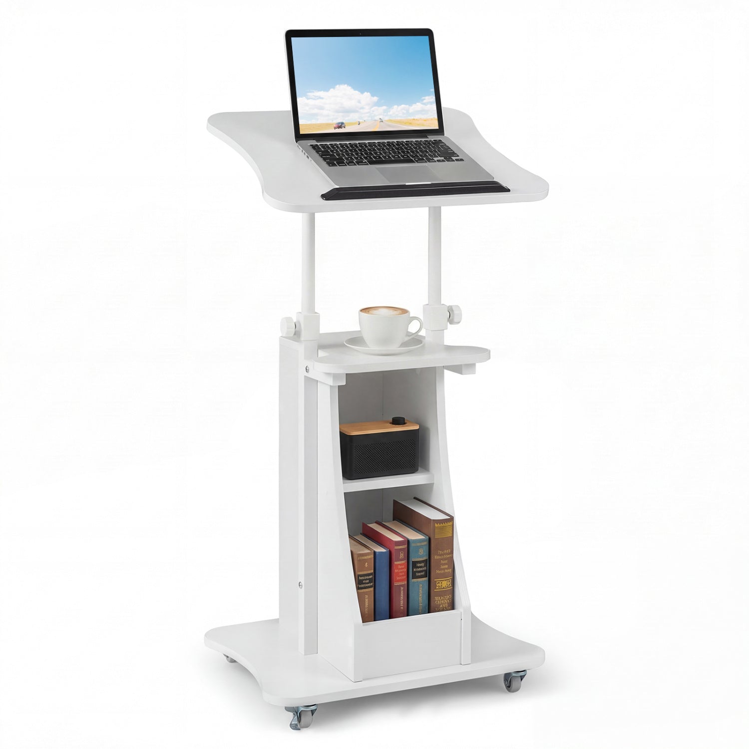 Mobile Podium Stand Height Adjustable Laptop Cart with Tilting Tabletop and Storage Compartments-White