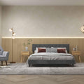Modern 3-Piece Bedroom Furniture Set with Upholstered Queen Bed  2 Rattan Nightstands and 3-Globe Floor Lamp