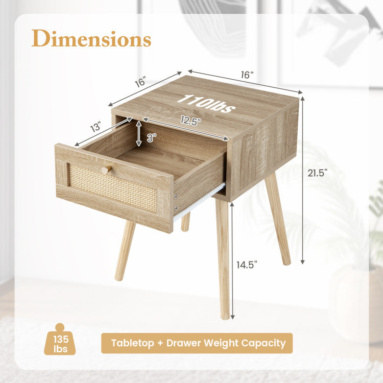 Modern 3-Piece Bedroom Furniture Set with Upholstered Queen Bed  2 Rattan Nightstands and 3-Globe Floor Lamp