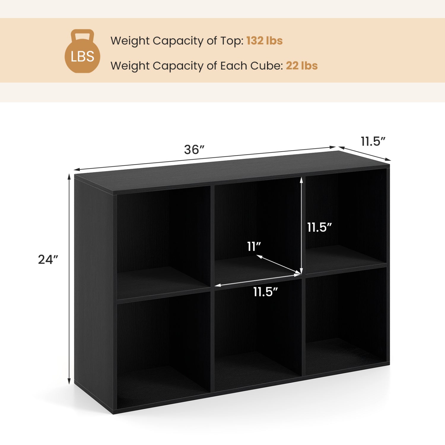 Modern 6-Cube Bookcase with Anti-tipping Kits for Bedroom Living Room-Black