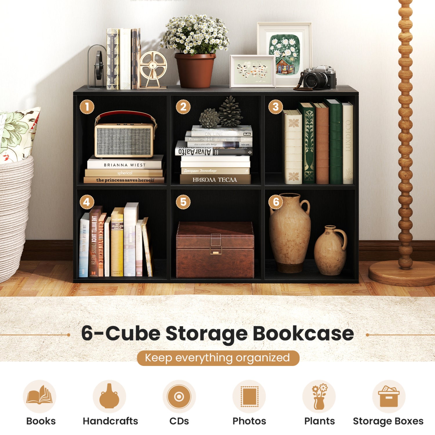Modern 6-Cube Bookcase with Anti-tipping Kits for Bedroom Living Room-Black