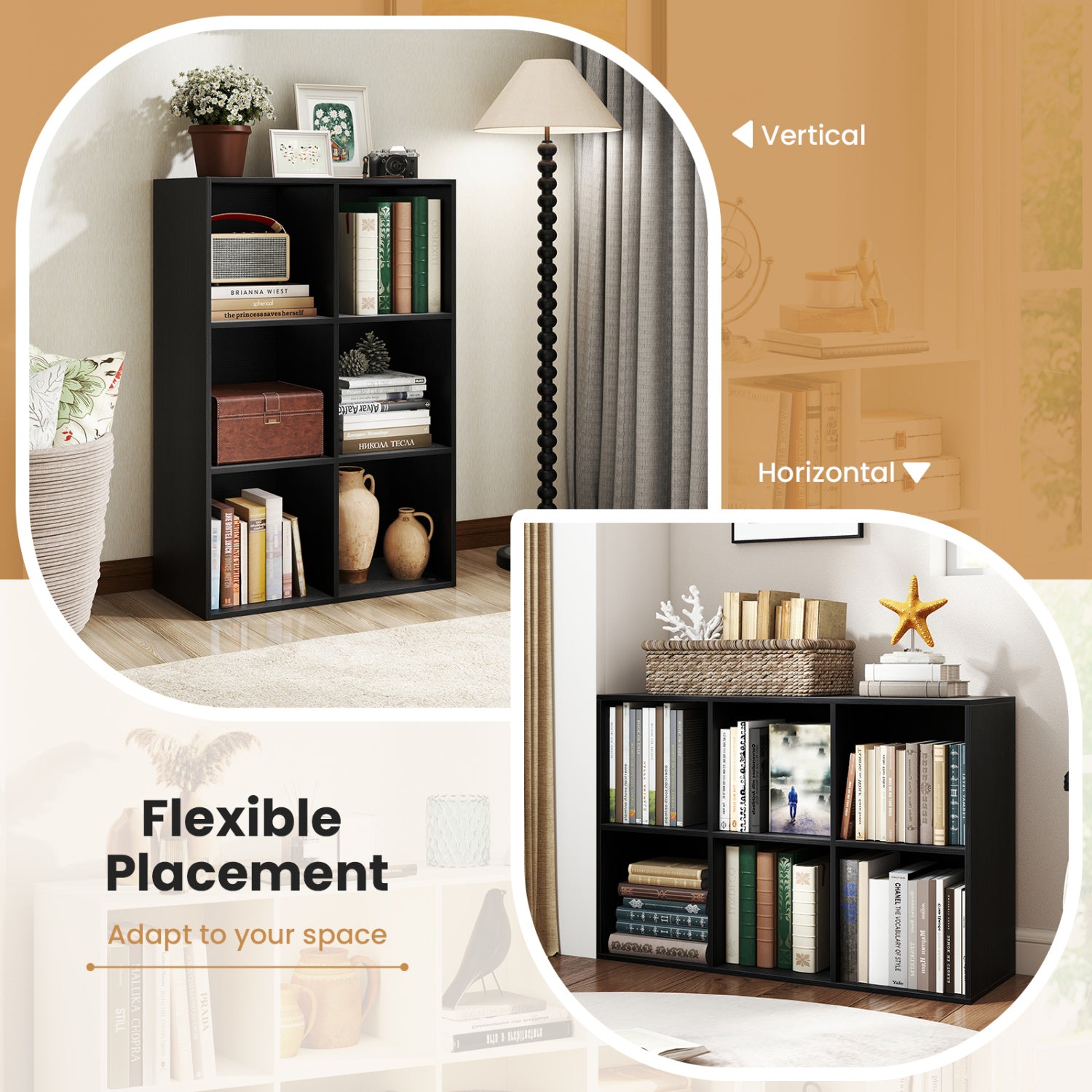 Modern 6-Cube Bookcase with Anti-tipping Kits for Bedroom Living Room-Black