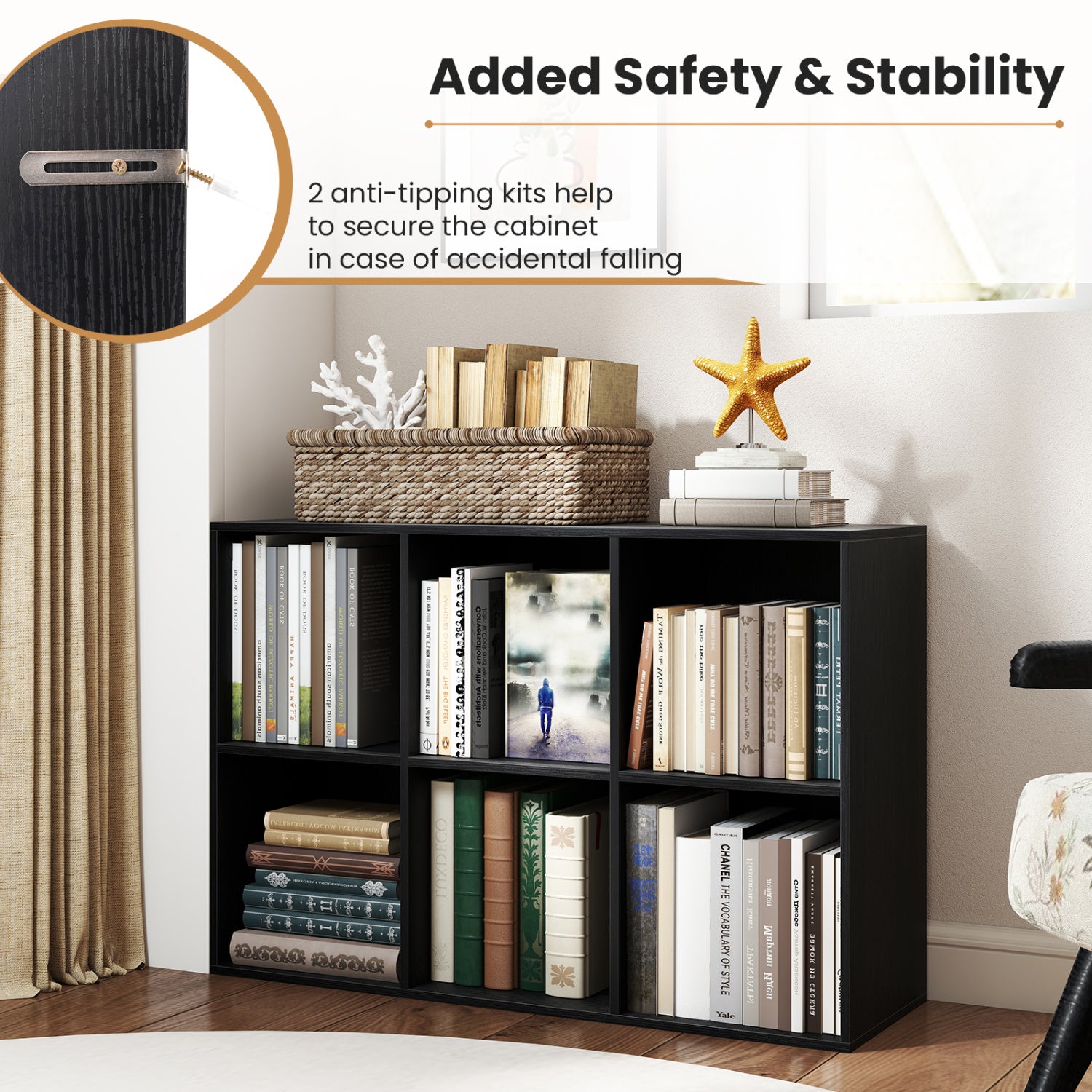 Modern 6-Cube Bookcase with Anti-tipping Kits for Bedroom Living Room-Black