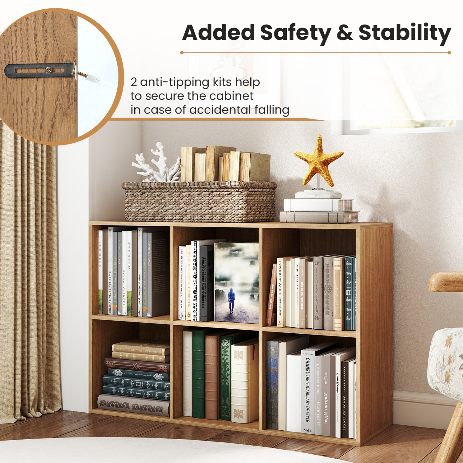 Modern 6-Cube Bookcase with Anti-tipping Kits for Bedroom Living Room-Natural