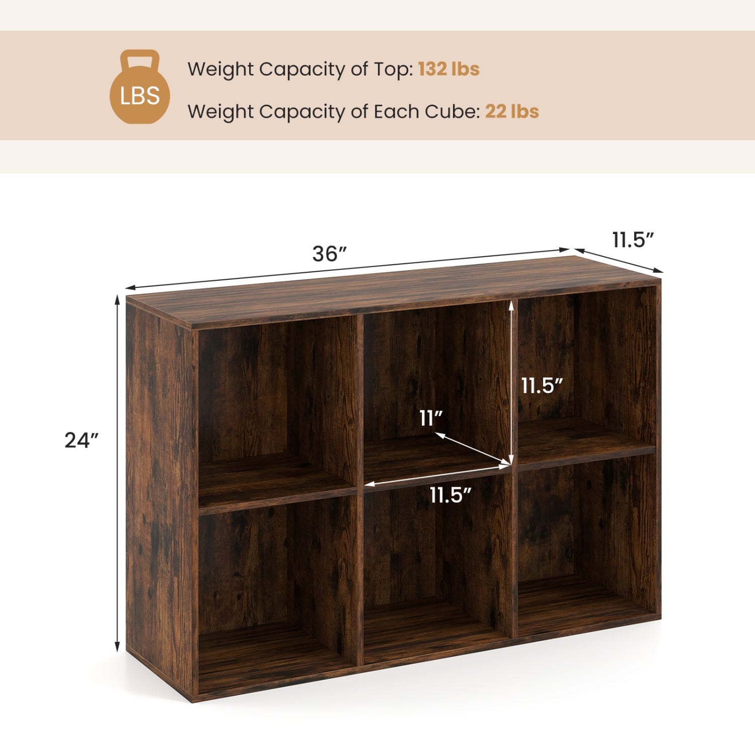 Modern 6-Cube Bookcase with Anti-tipping Kits for Bedroom Living Room-Rustic Brown
