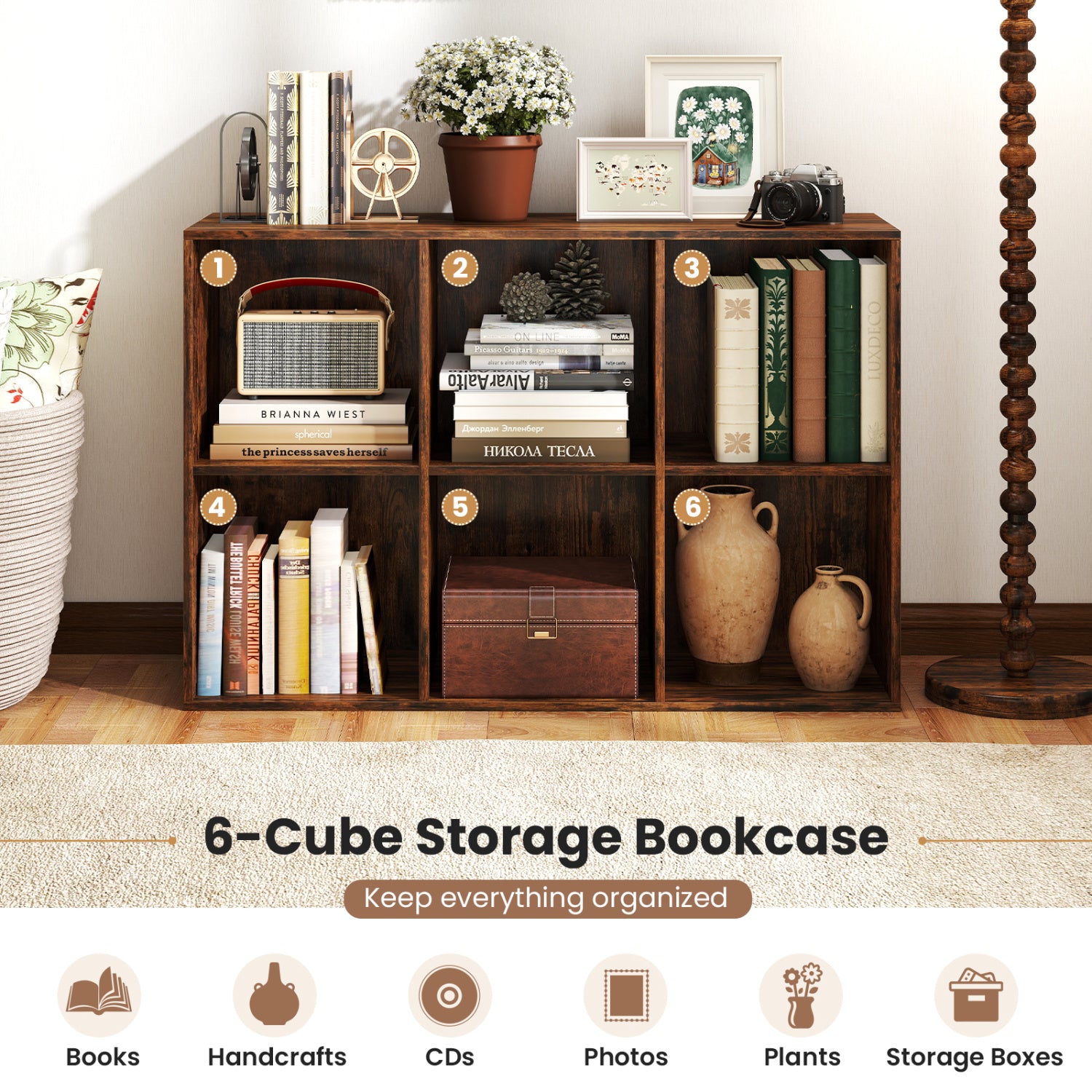 Modern 6-Cube Bookcase with Anti-tipping Kits for Bedroom Living Room-Rustic Brown