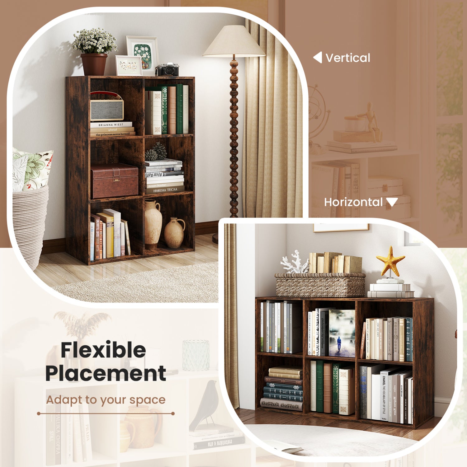 Modern 6-Cube Bookcase with Anti-tipping Kits for Bedroom Living Room-Rustic Brown