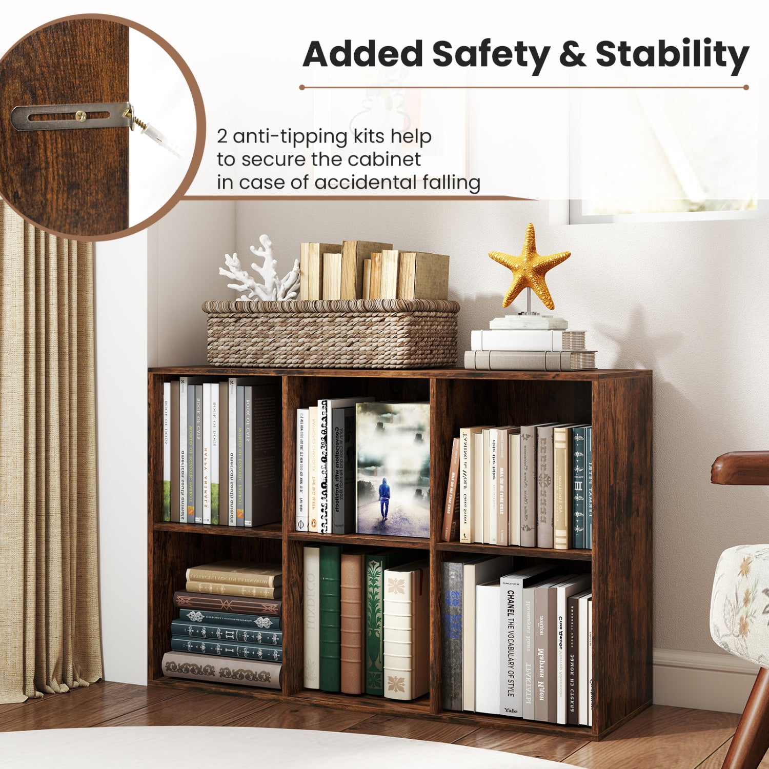 Modern 6-Cube Bookcase with Anti-tipping Kits for Bedroom Living Room-Rustic Brown