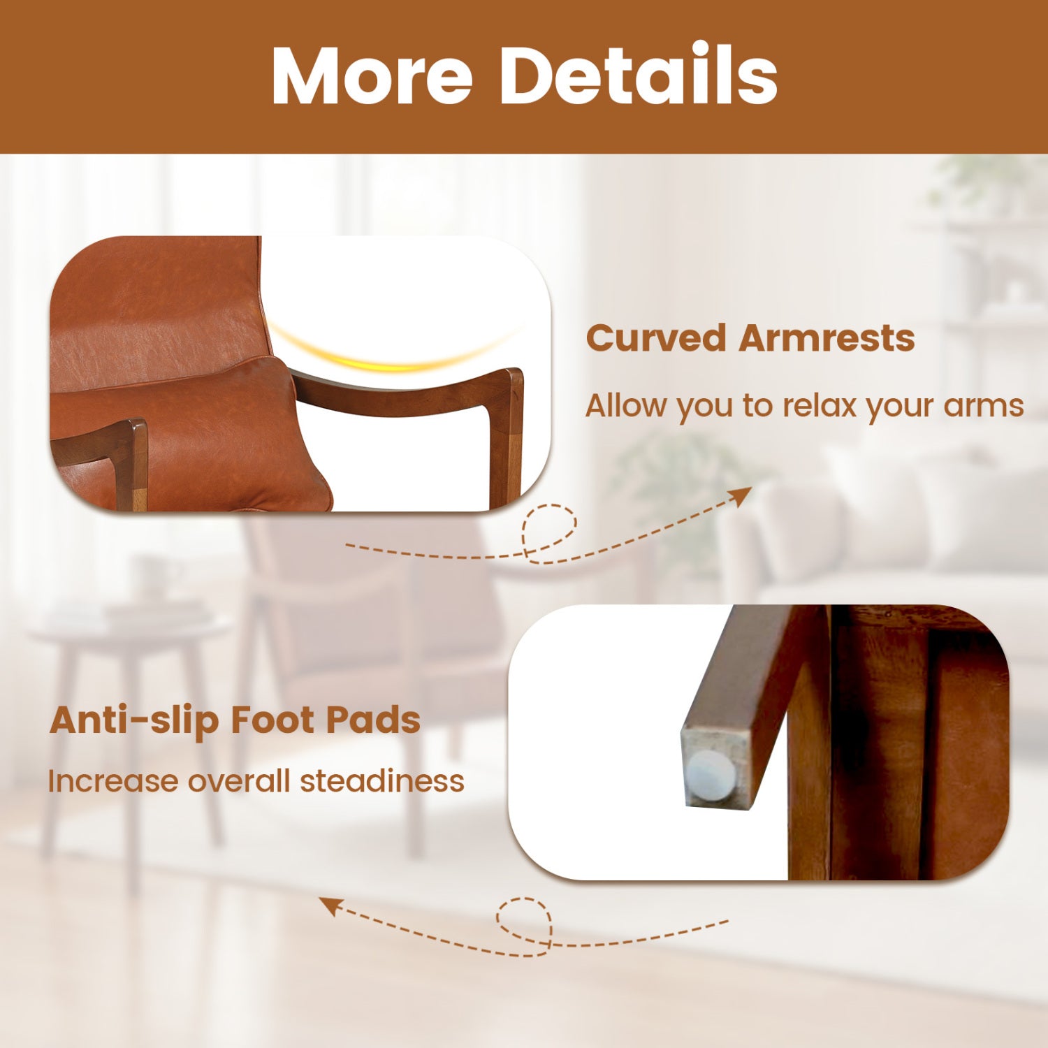 Modern Accent Chair with Solid Rubber Wood Faux Leather Upholstered Armchair-Brown