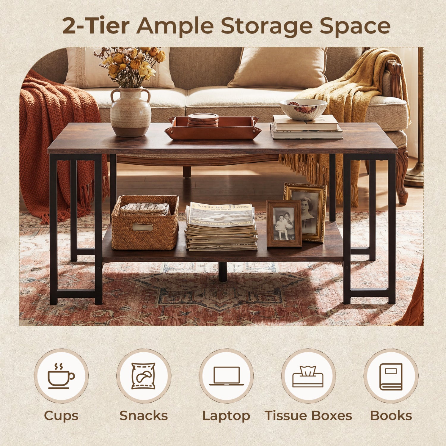 Modern Accent Table with Open Storage Shelf for Apartment and Lounge-Rustic Brown