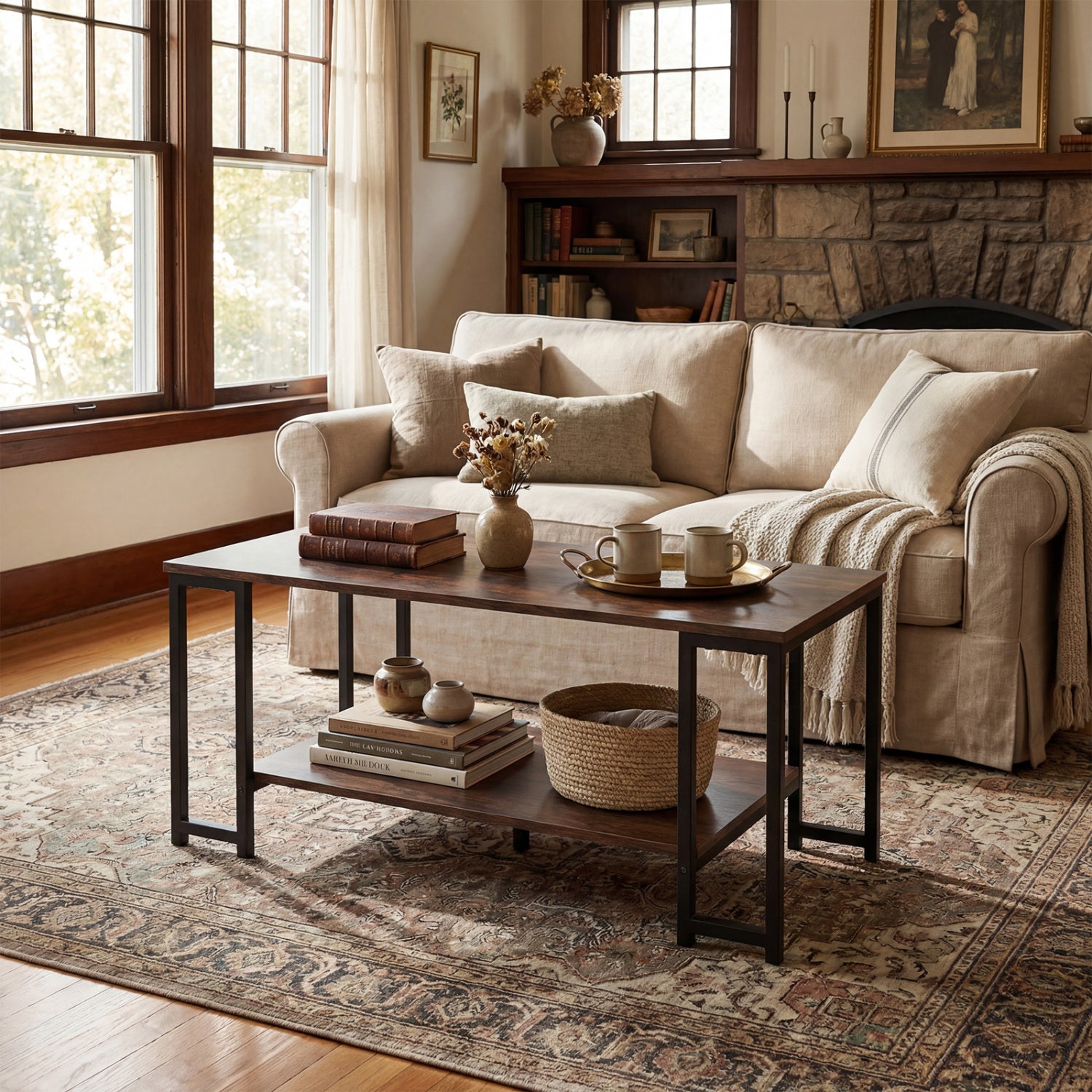 Modern Accent Table with Open Storage Shelf for Apartment and Lounge-Rustic Brown