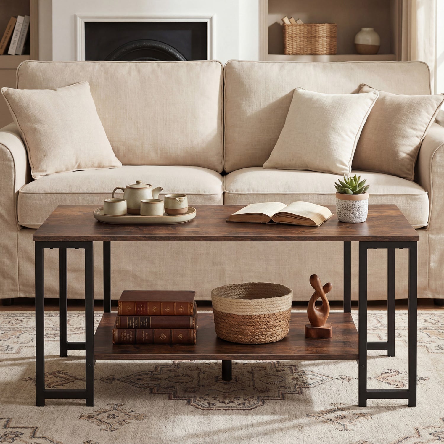 Modern Accent Table with Open Storage Shelf for Apartment and Lounge-Rustic Brown