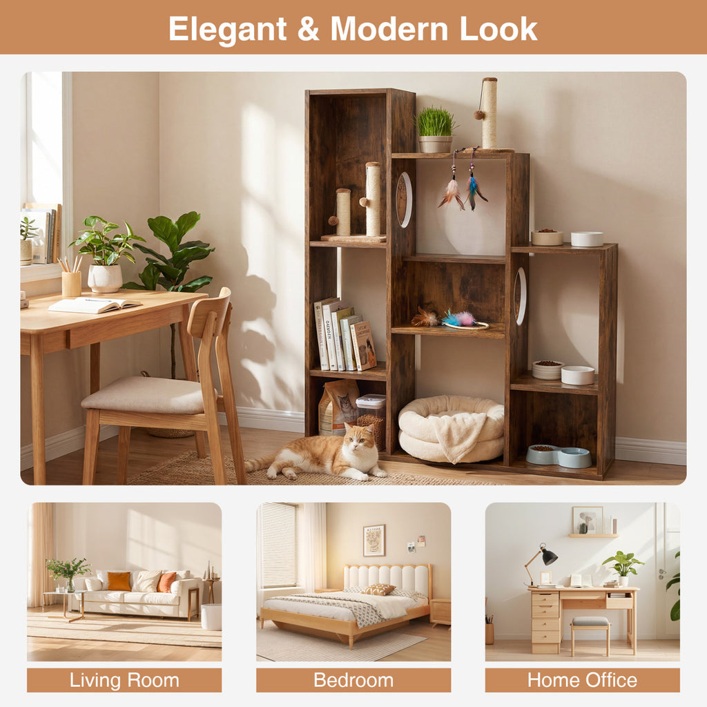 Modern Cat Bookshelf Cat Tree 8-Section Storage Cabinet with 2 Round Holes-Rustic Brown