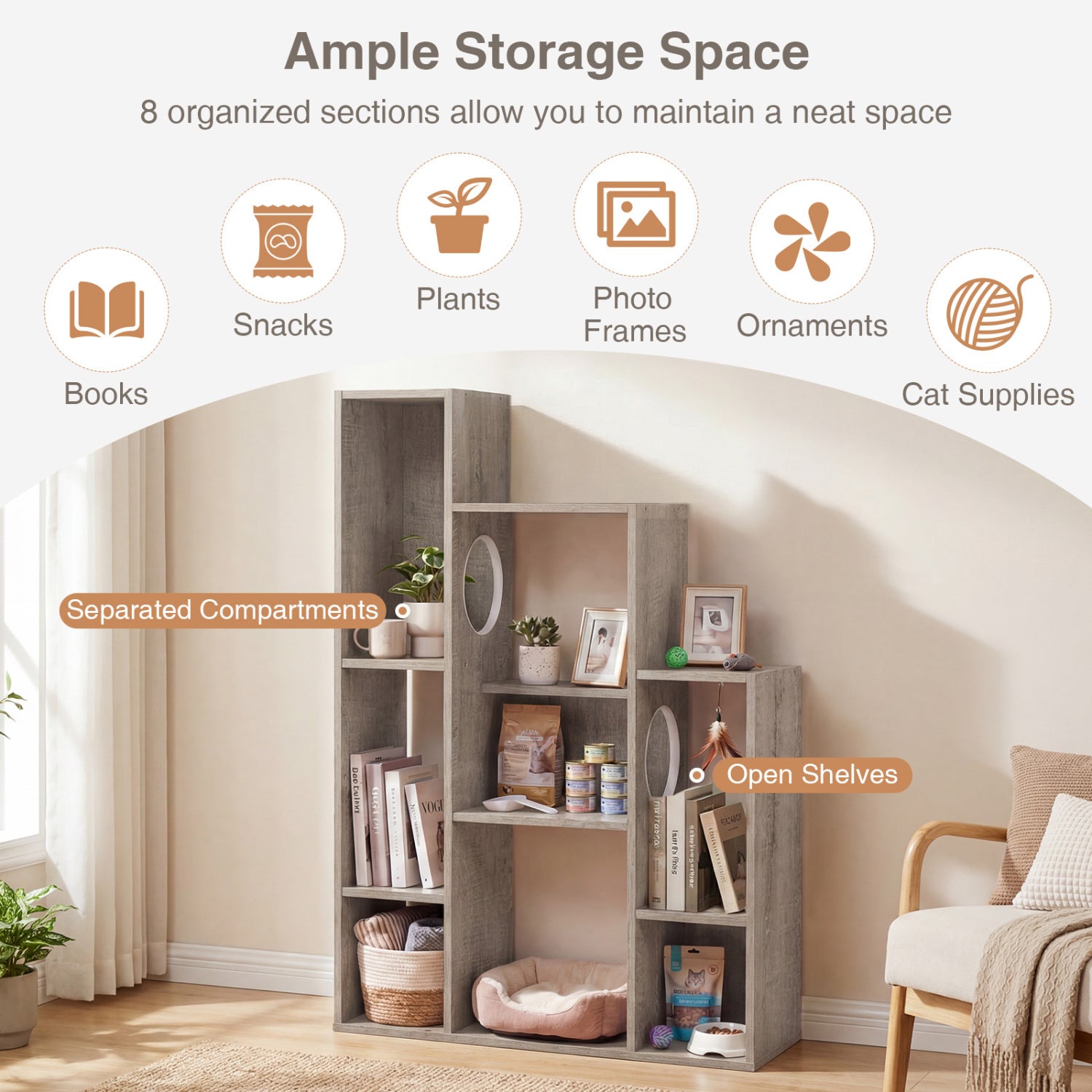 Modern Cat Bookshelf Cat Tree 8-Section Storage Cabinet with 2 Round Holes-Gray Oak