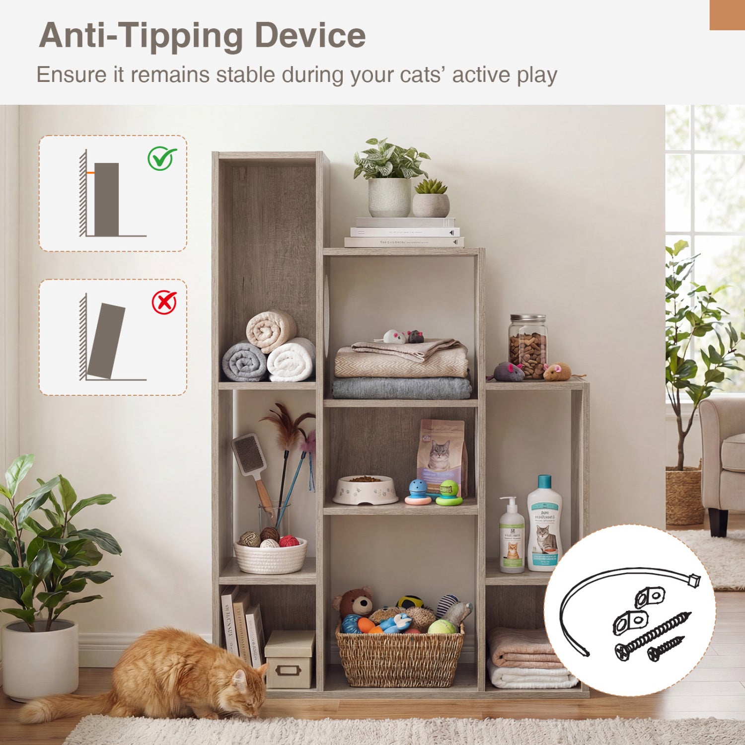 Modern Cat Bookshelf Cat Tree 8-Section Storage Cabinet with 2 Round Holes-Gray Oak