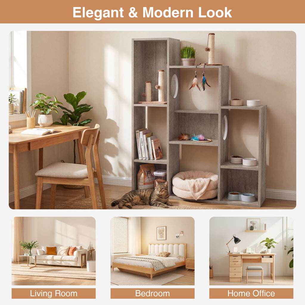 Modern Cat Bookshelf Cat Tree 8-Section Storage Cabinet with 2 Round Holes-Gray Oak