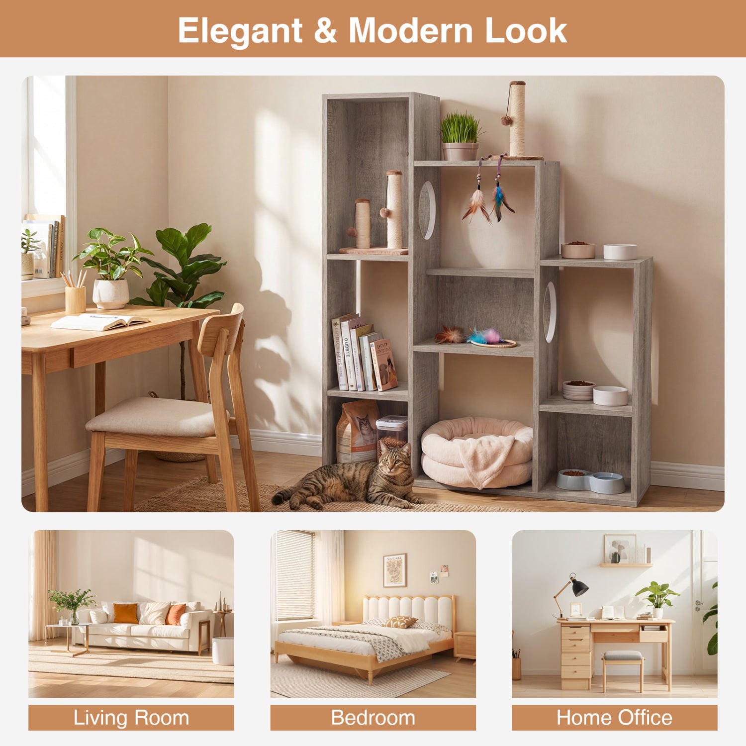 Modern Cat Bookshelf Cat Tree 8-Section Storage Cabinet with 2 Round Holes-Gray Oak